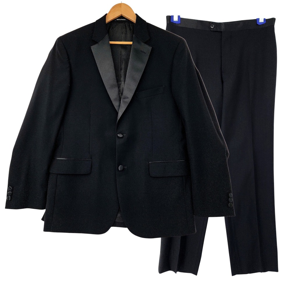 Pronto Uomo Tuxedo 42R 36W Men Black 2 Pc Suit Stretch Wool Formal‎ Wedding Prom